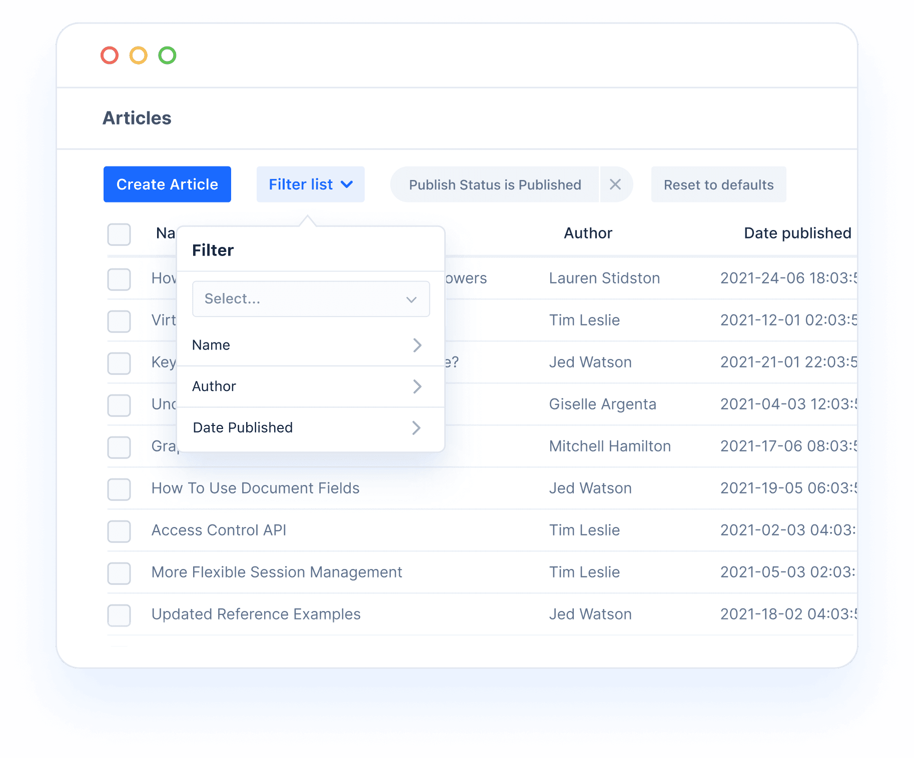 Admin UI browser window showing a tabular a list of Articles with filtration applied to the list. Filter by published status.